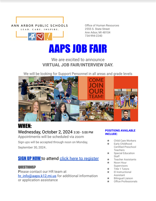 Job fair flyer with photos of staff 